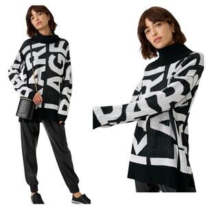 NWT Karl Lagerfeld Women's SMALL Bold LOGO Black White Turtleneck Sweater